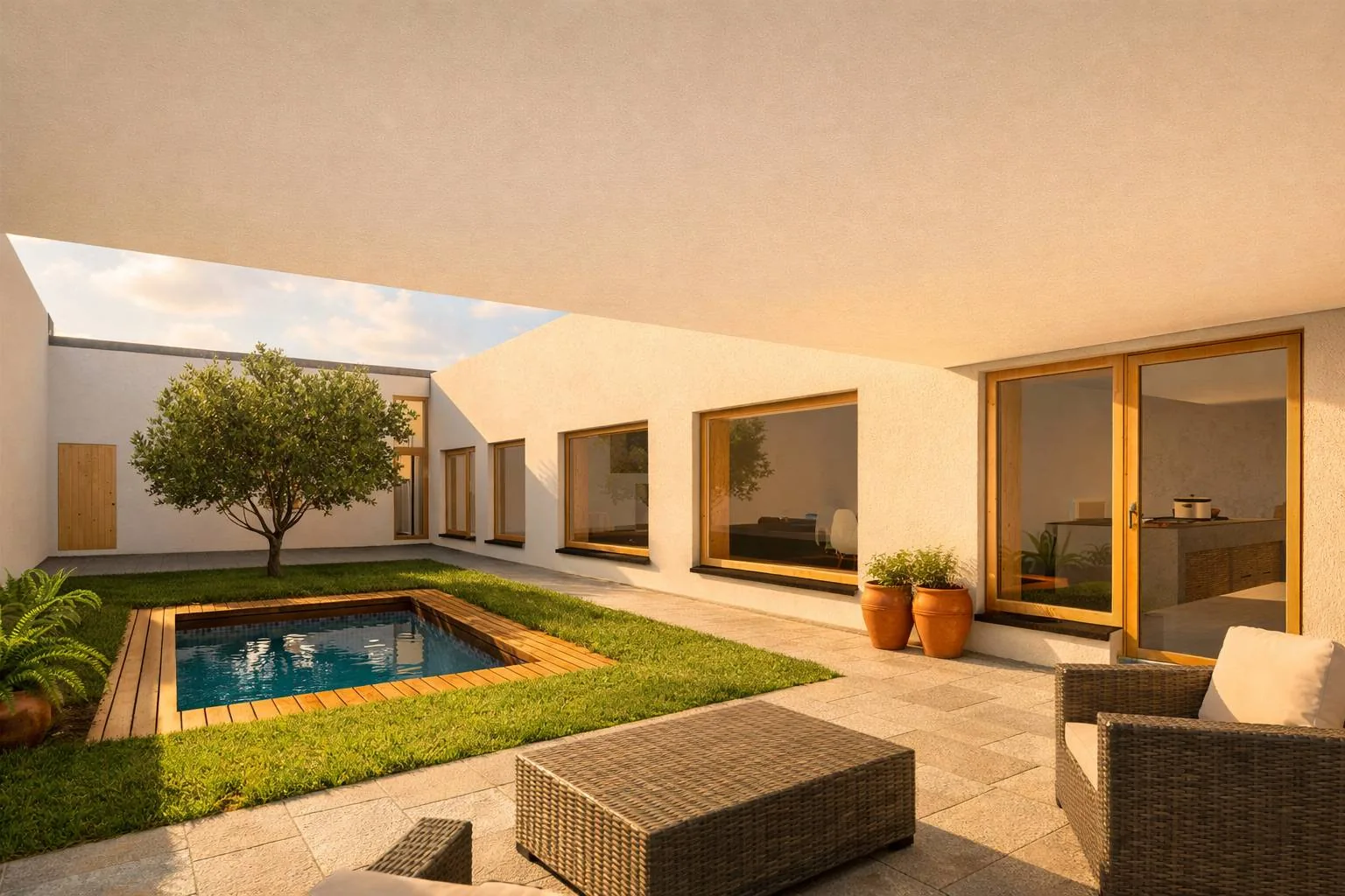 Patio con piscina y olivo