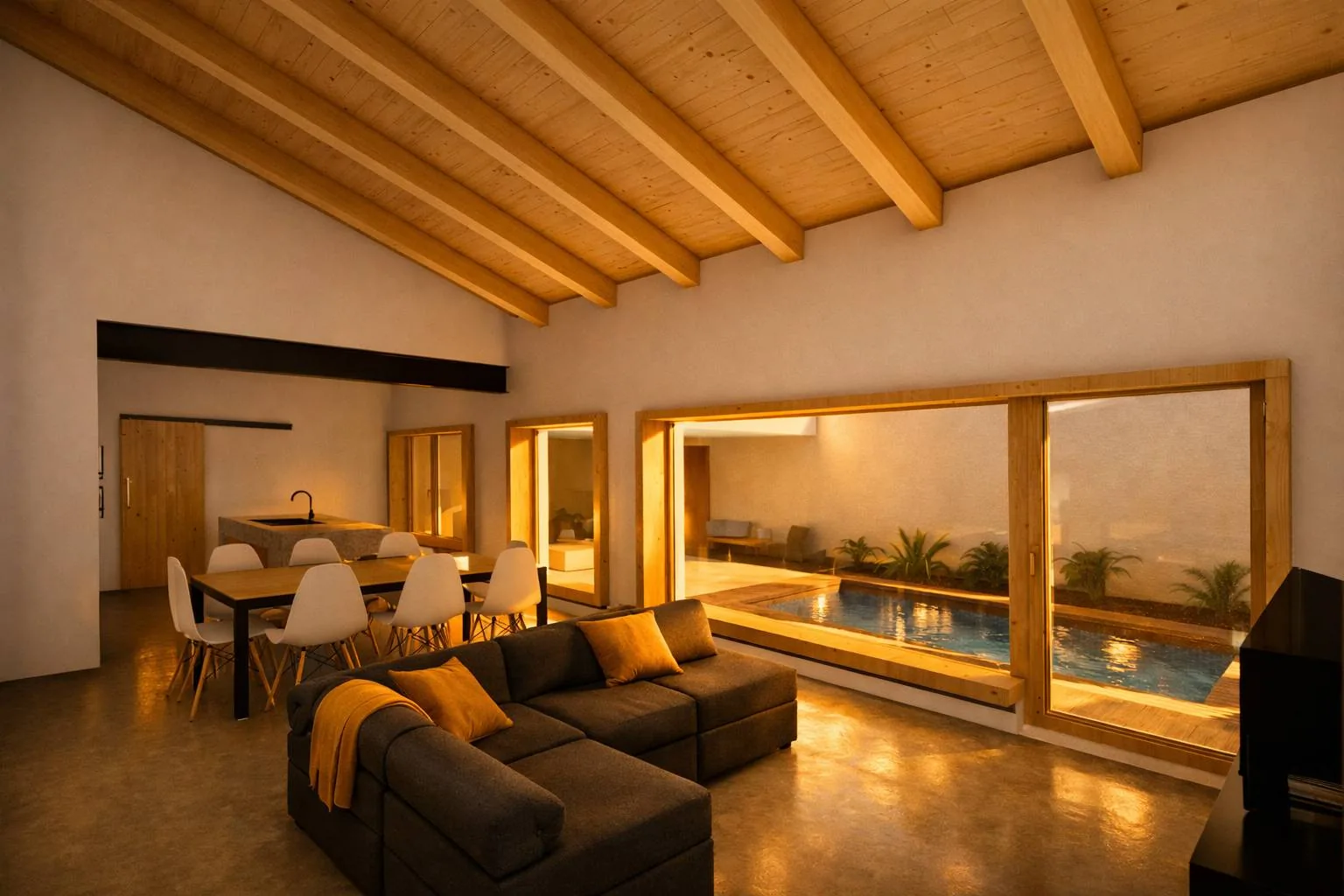 Salón con techo de madera